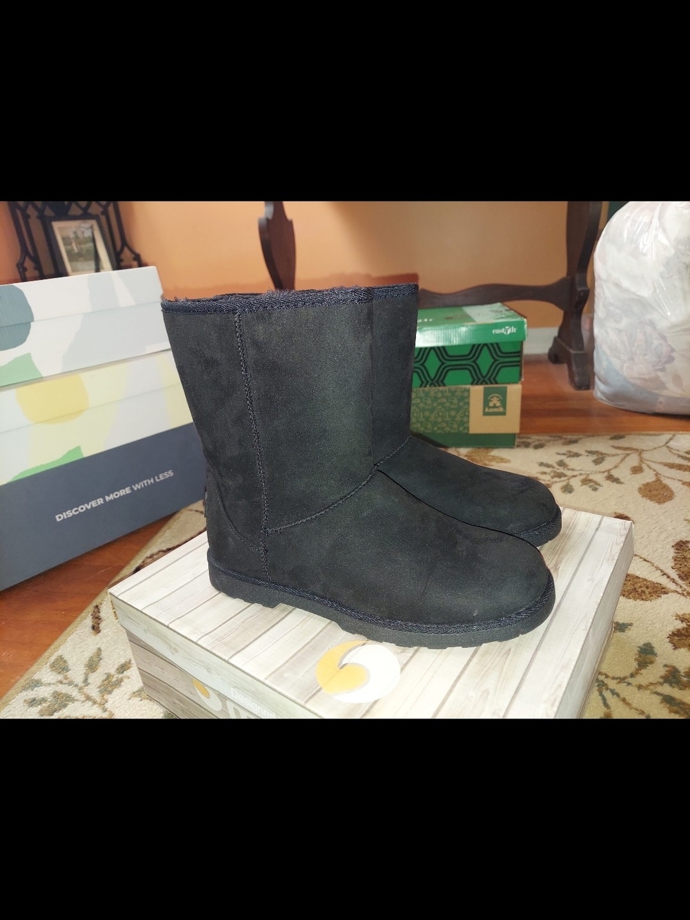 Women's Black Mid-Calf Suede Slip-On Slippers